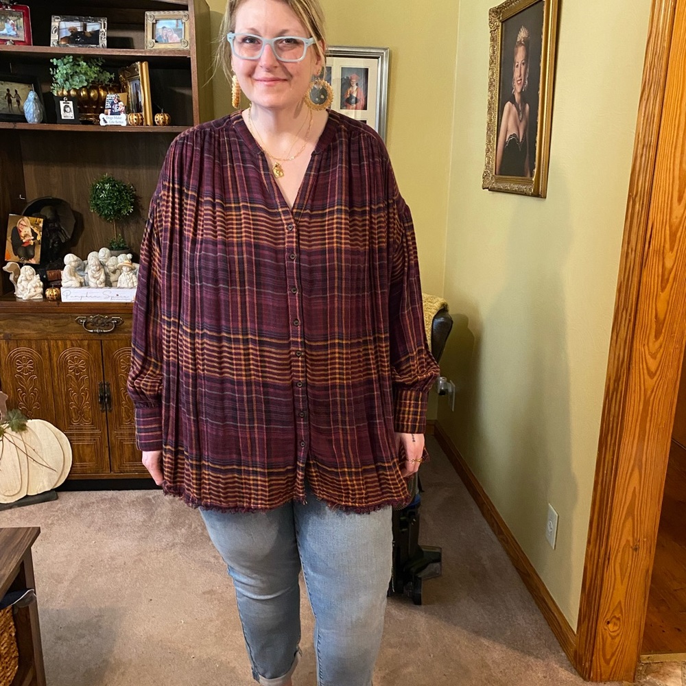 Free People Plaid Button-Up, Large, wine/yellow